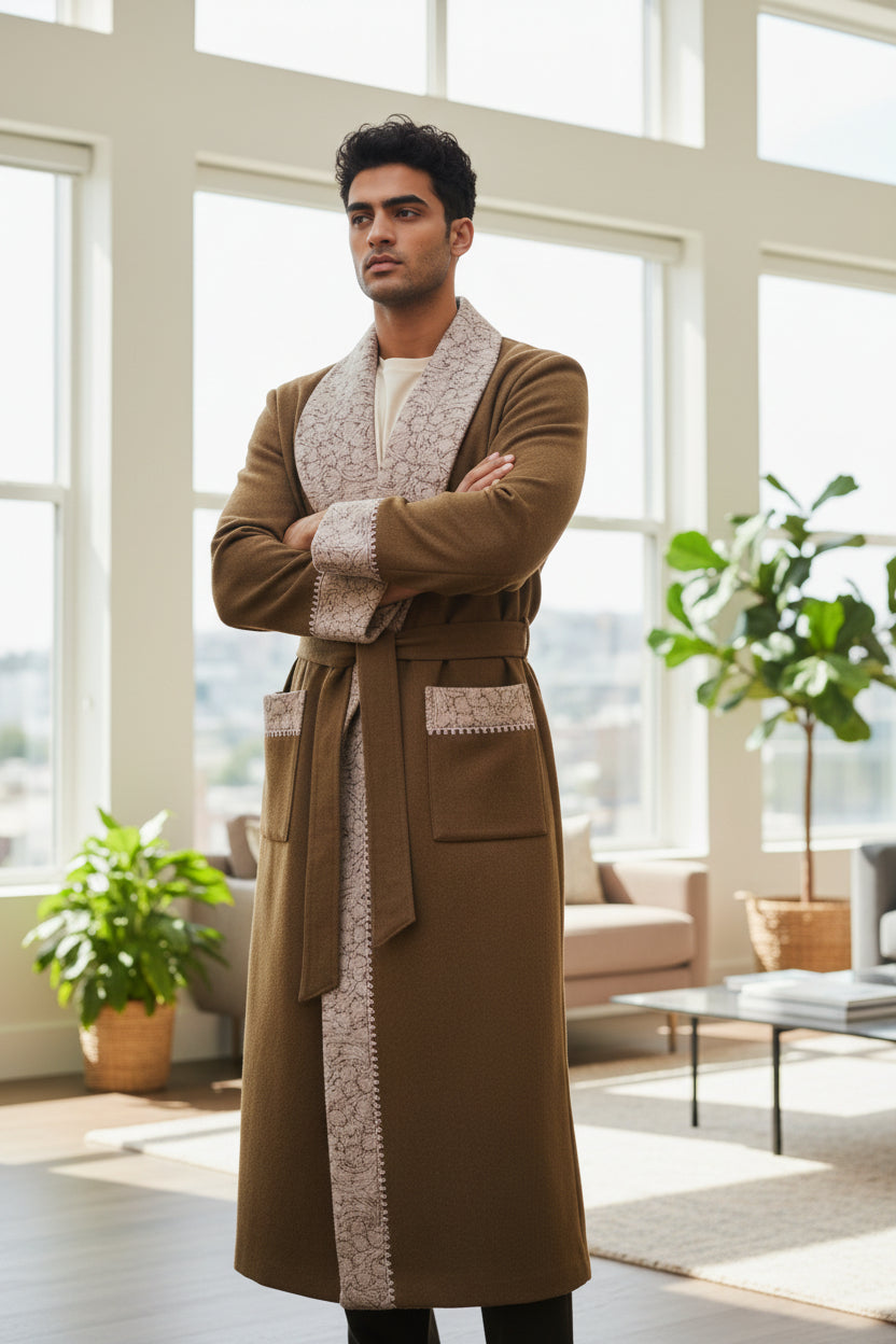 Men Woolen Nightgown Dressing Gown Sleep And Lounge Wear With Kashmiri Embroidery Free Size - Beige8