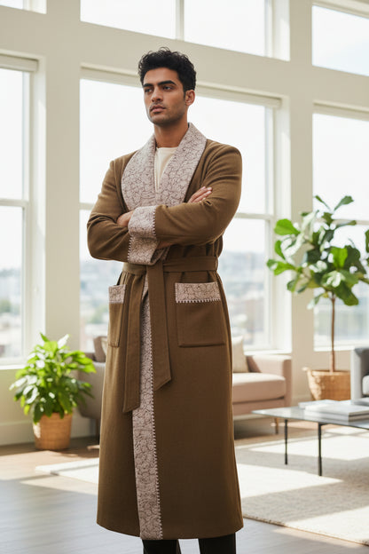 Men Woolen Nightgown Dressing Gown Sleep And Lounge Wear With Kashmiri Embroidery Free Size - Beige8