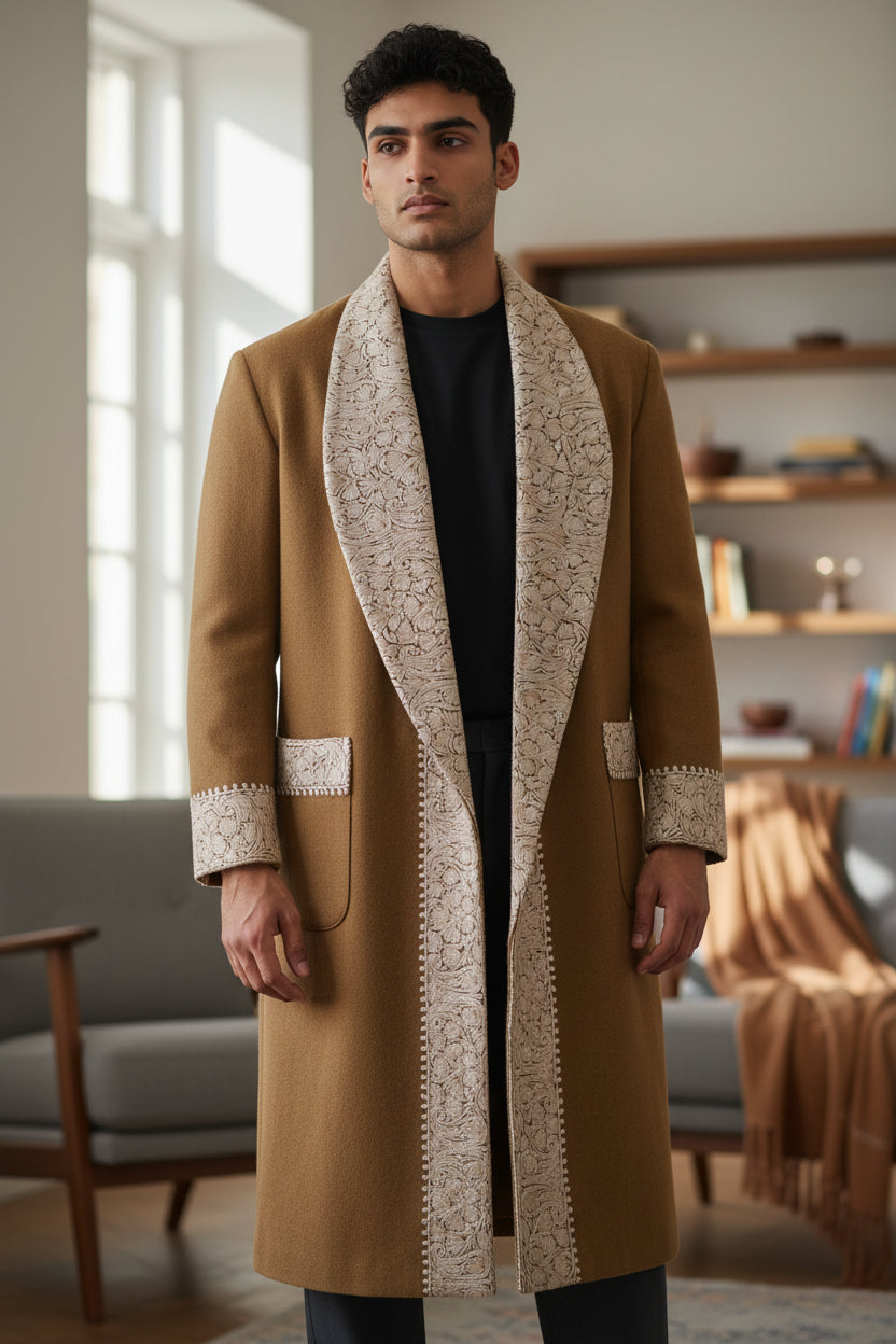 Men Woolen Nightgown Dressing Gown Sleep And Lounge Wear With Kashmiri Embroidery Free Size - Beige8