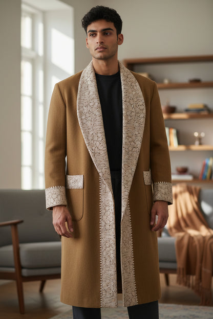 Men Woolen Nightgown Dressing Gown Sleep And Lounge Wear With Kashmiri Embroidery Free Size - Beige8