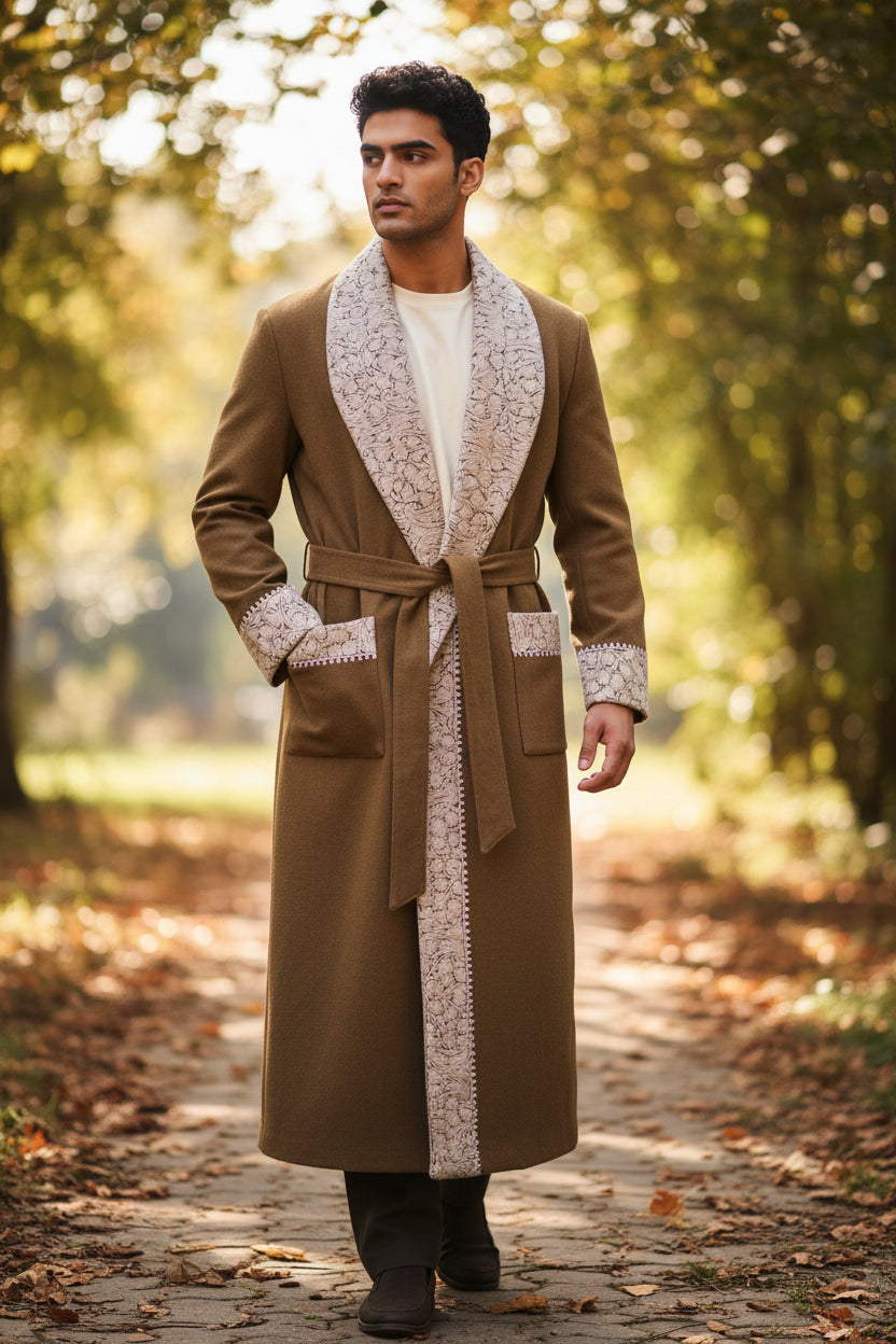 Men Woolen Nightgown Dressing Gown Sleep And Lounge Wear With Kashmiri Embroidery Free Size - Beige8