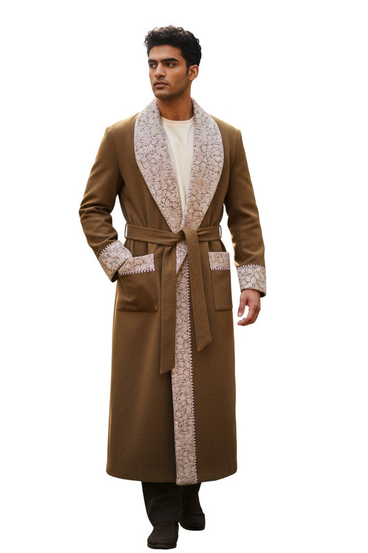 Men Woolen Nightgown Dressing Gown Sleep And Lounge Wear With Kashmiri Embroidery Free Size - Beige8