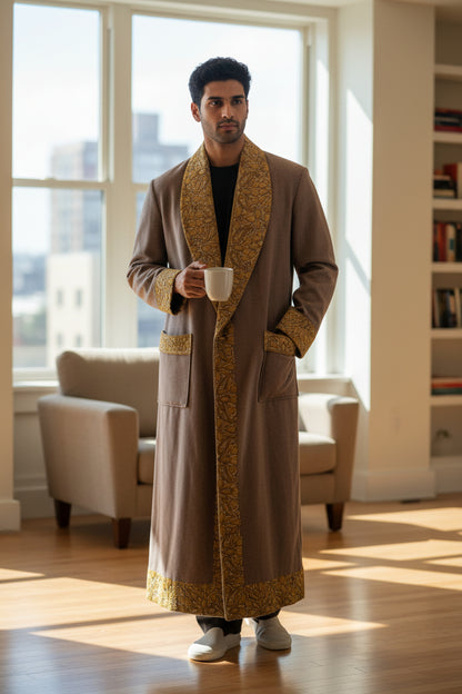Men Woolen Nightgown Dressing Gown Sleep And Lounge Wear With Kashmiri Embroidery Free Size -Beige9