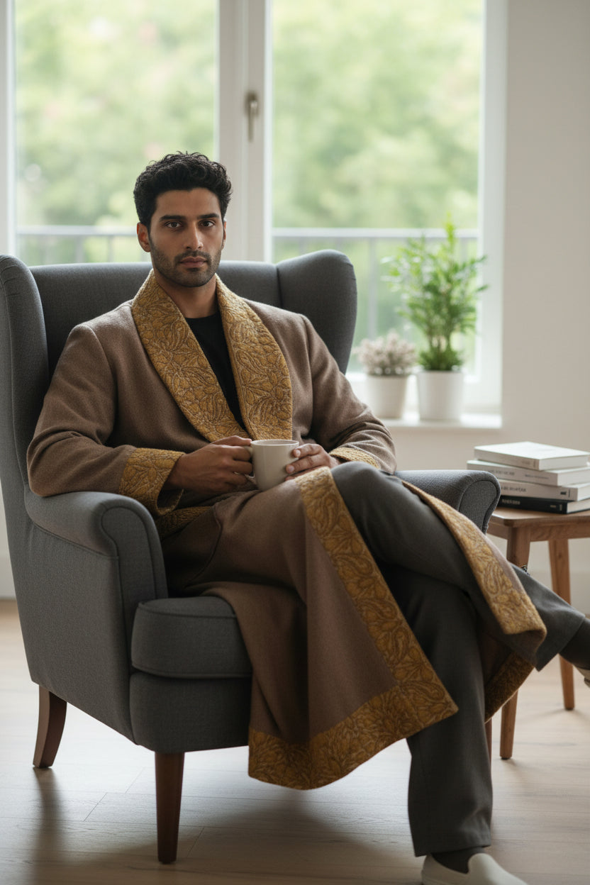 Men Woolen Nightgown Dressing Gown Sleep And Lounge Wear With Kashmiri Embroidery Free Size -Beige9