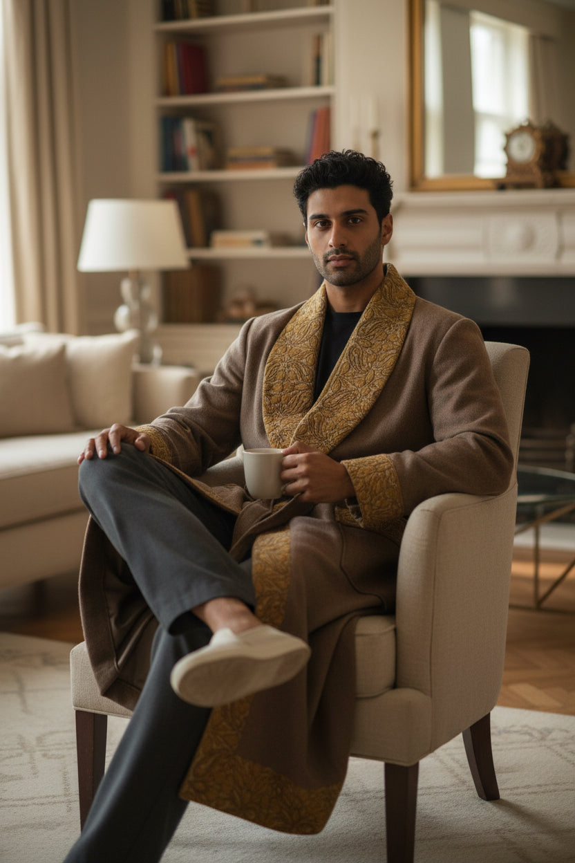 Men Woolen Nightgown Dressing Gown Sleep And Lounge Wear With Kashmiri Embroidery Free Size -Beige9