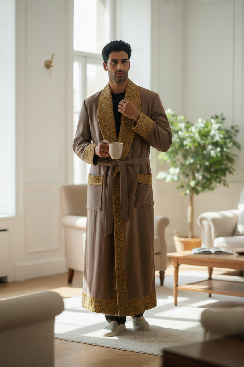Men Woolen Nightgown Dressing Gown Sleep And Lounge Wear With Kashmiri Embroidery Free Size -Beige9