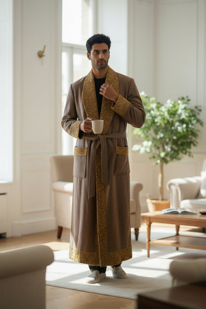 Men Woolen Nightgown Dressing Gown Sleep And Lounge Wear With Kashmiri Embroidery Free Size -Beige9