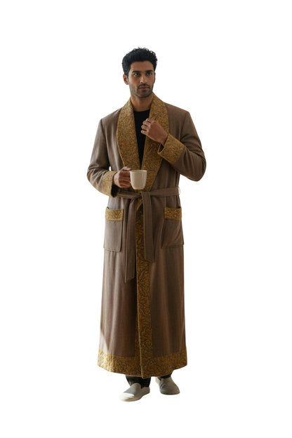 Men Woolen Nightgown Dressing Gown Sleep And Lounge Wear With Kashmiri Embroidery Free Size -Beige9