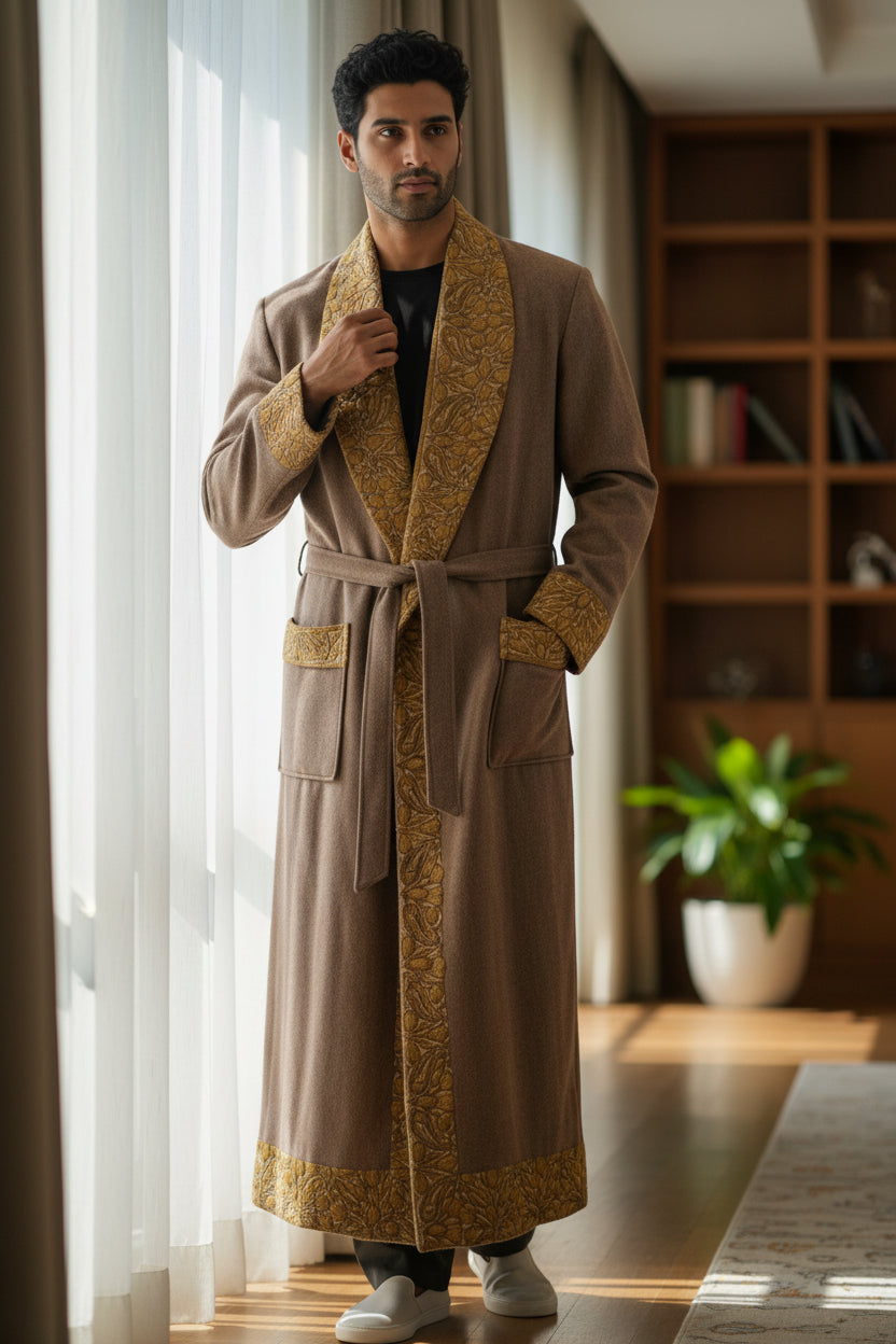 Men Woolen Nightgown Dressing Gown Sleep And Lounge Wear With Kashmiri Embroidery Free Size -Beige9