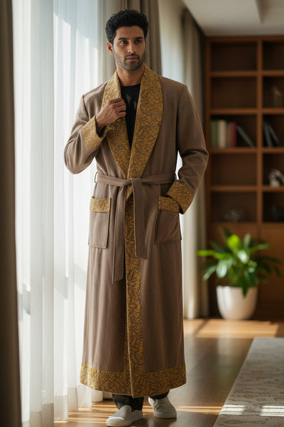 Men Woolen Nightgown Dressing Gown Sleep And Lounge Wear With Kashmiri Embroidery Free Size -Beige9
