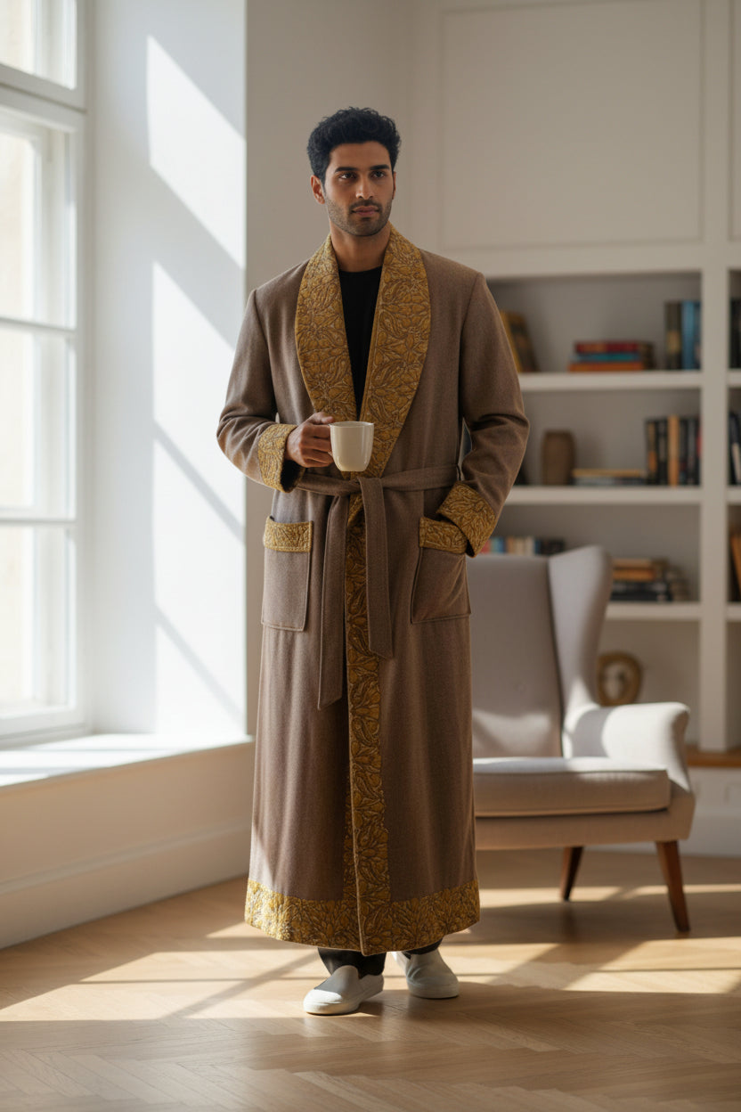 Men Woolen Nightgown Dressing Gown Sleep And Lounge Wear With Kashmiri Embroidery Free Size -Beige9