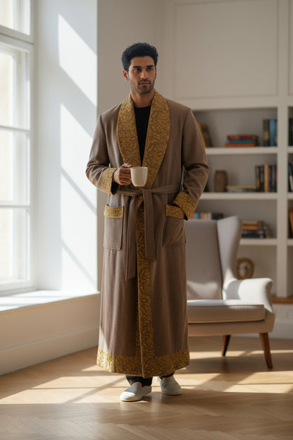 Men Woolen Nightgown Dressing Gown Sleep And Lounge Wear With Kashmiri Embroidery Free Size -Beige9