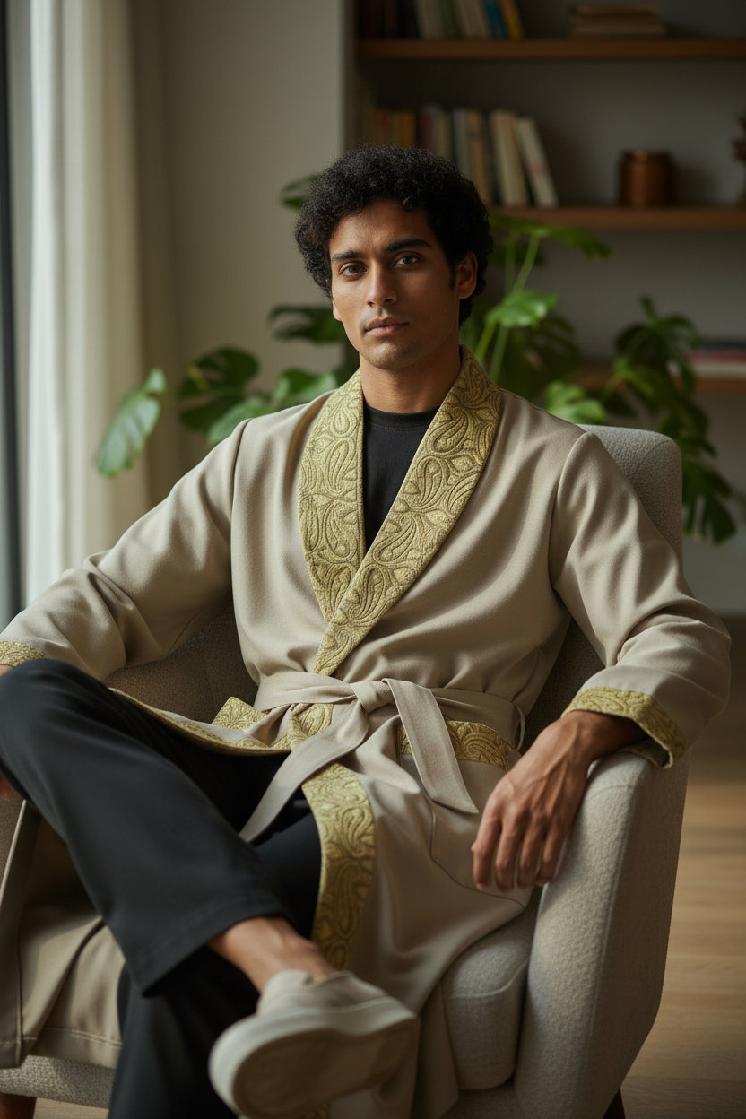 Men Woolen Nightgown Dressing Gown Sleep And Lounge Wear With Kashmiri Embroidery Free Size - Biscuit Color