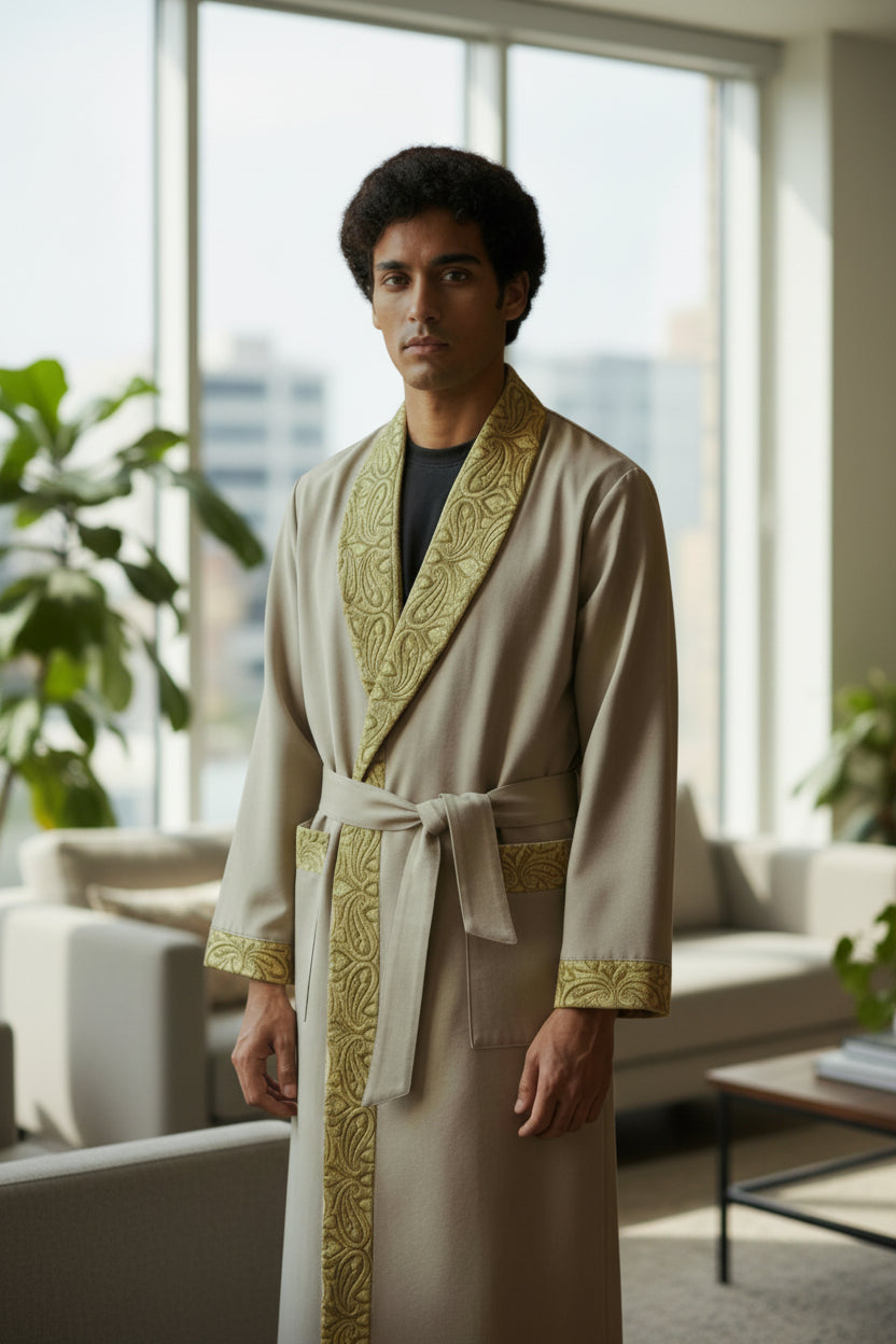 Men Woolen Nightgown Dressing Gown Sleep And Lounge Wear With Kashmiri Embroidery Free Size - Biscuit Color