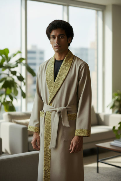 Men Woolen Nightgown Dressing Gown Sleep And Lounge Wear With Kashmiri Embroidery Free Size - Biscuit Color