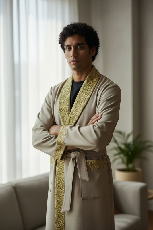 Men Woolen Nightgown Dressing Gown Sleep And Lounge Wear With Kashmiri Embroidery Free Size - Biscuit Color