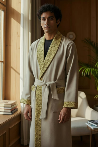 Men Woolen Nightgown Dressing Gown Sleep And Lounge Wear With Kashmiri Embroidery Free Size - Biscuit Color
