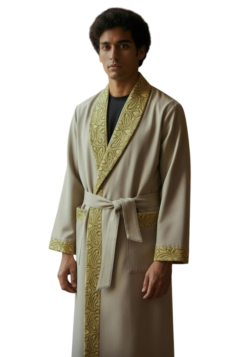 Men Woolen Nightgown Dressing Gown Sleep And Lounge Wear With Kashmiri Embroidery Free Size - Biscuit Color