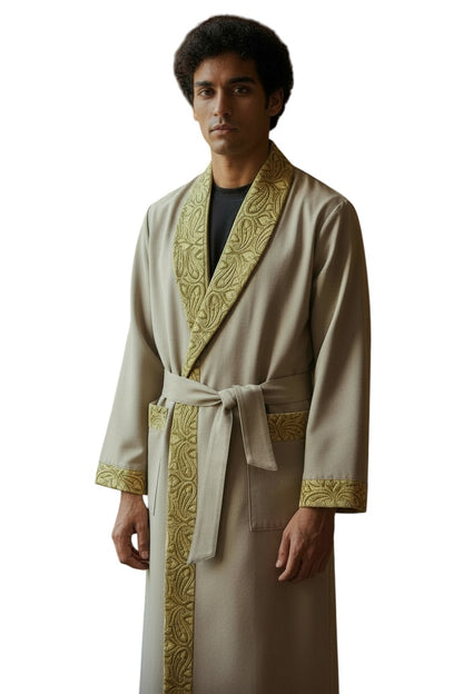 Men Woolen Nightgown Dressing Gown Sleep And Lounge Wear With Kashmiri Embroidery Free Size - Biscuit Color