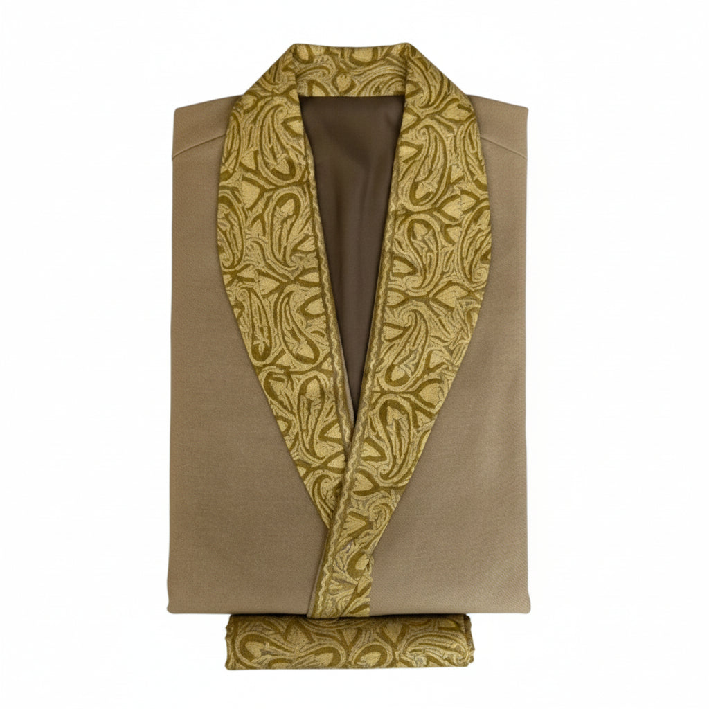 Men Woolen Nightgown Dressing Gown Sleep And Lounge Wear With Kashmiri Embroidery Free Size - Biscuit Color