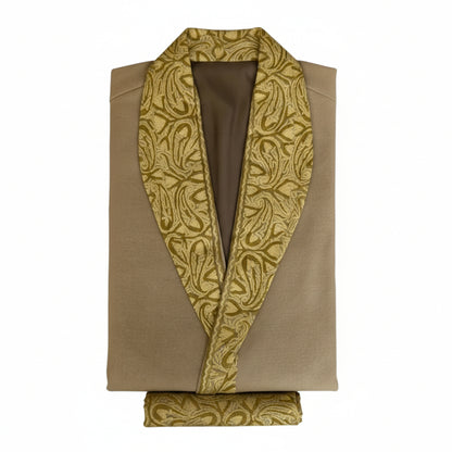 Men Woolen Nightgown Dressing Gown Sleep And Lounge Wear With Kashmiri Embroidery Free Size - Biscuit Color