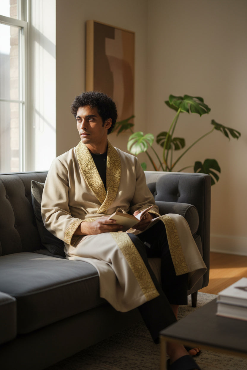 Men Woolen Nightgown Dressing Gown Sleep And Lounge Wear With Kashmiri Embroidery Free Size - Biscuit Color
