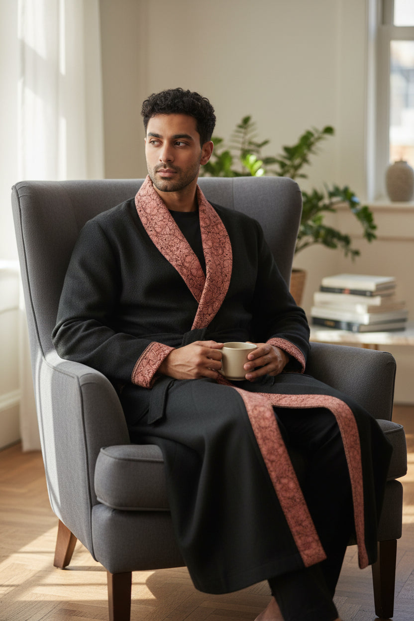 Men Woolen Nightgown Dressing Gown Sleep And Lounge Wear With Kashmiri Embroidery Free Size -Black-10
