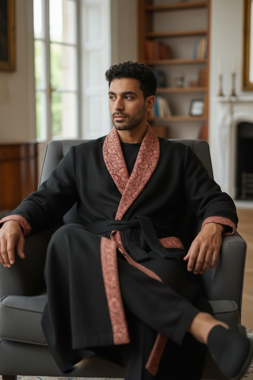 Men Woolen Nightgown Dressing Gown Sleep And Lounge Wear With Kashmiri Embroidery Free Size -Black-10