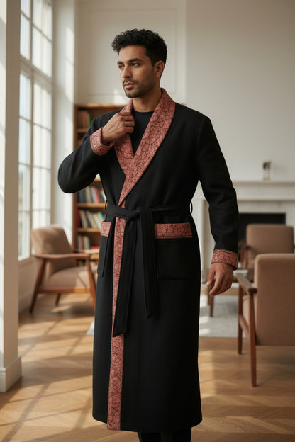 Men Woolen Nightgown Dressing Gown Sleep And Lounge Wear With Kashmiri Embroidery Free Size -Black-10