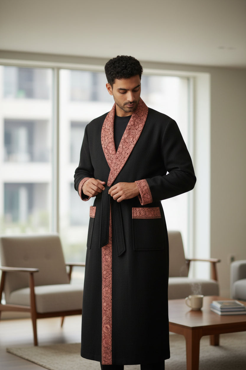 Men Woolen Nightgown Dressing Gown Sleep And Lounge Wear With Kashmiri Embroidery Free Size -Black-10