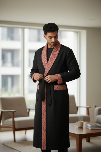 Men Woolen Nightgown Dressing Gown Sleep And Lounge Wear With Kashmiri Embroidery Free Size -Black-10