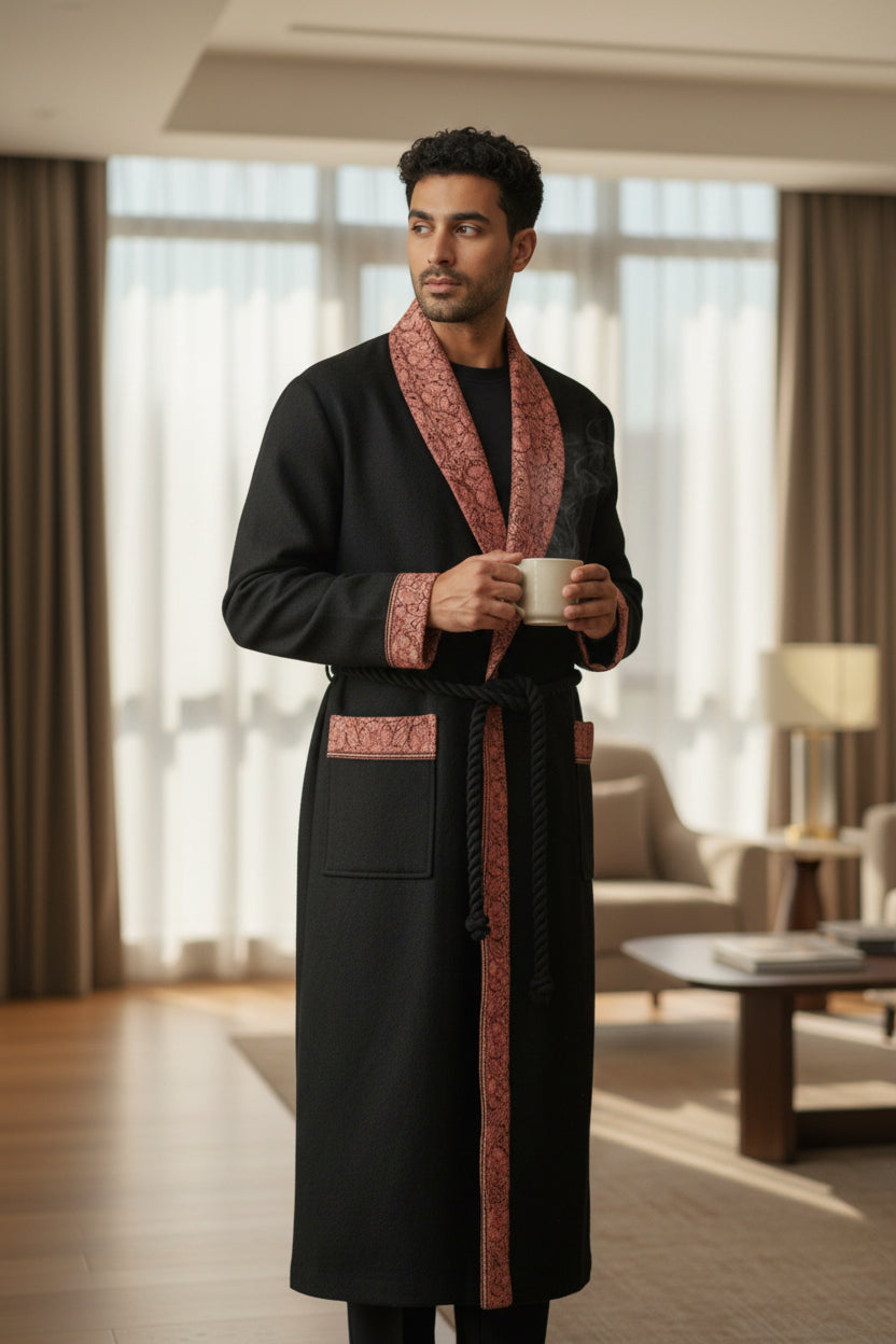 Men Woolen Nightgown Dressing Gown Sleep And Lounge Wear With Kashmiri Embroidery Free Size -Black-10