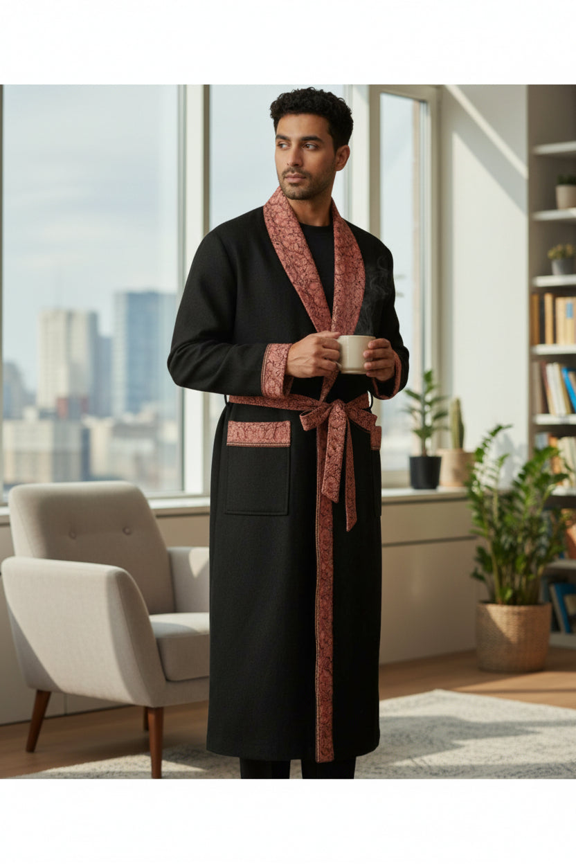 Men Woolen Nightgown Dressing Gown Sleep And Lounge Wear With Kashmiri Embroidery Free Size -Black-10