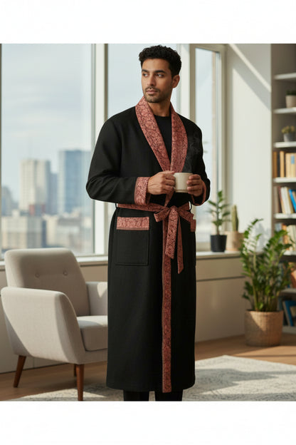 Men Woolen Nightgown Dressing Gown Sleep And Lounge Wear With Kashmiri Embroidery Free Size -Black-10