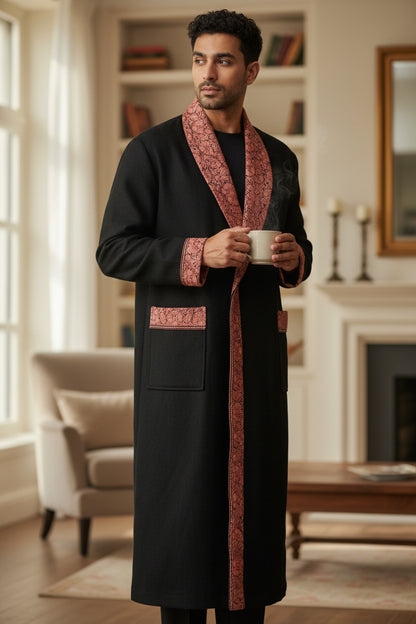 Men Woolen Nightgown Dressing Gown Sleep And Lounge Wear With Kashmiri Embroidery Free Size -Black-10