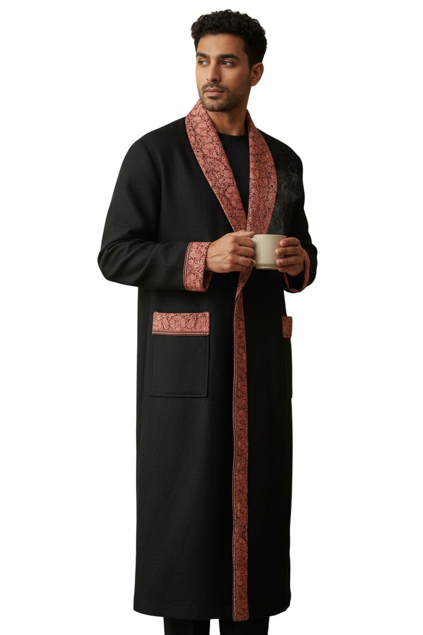 Men Woolen Nightgown Dressing Gown Sleep And Lounge Wear With Kashmiri Embroidery Free Size -Black-10
