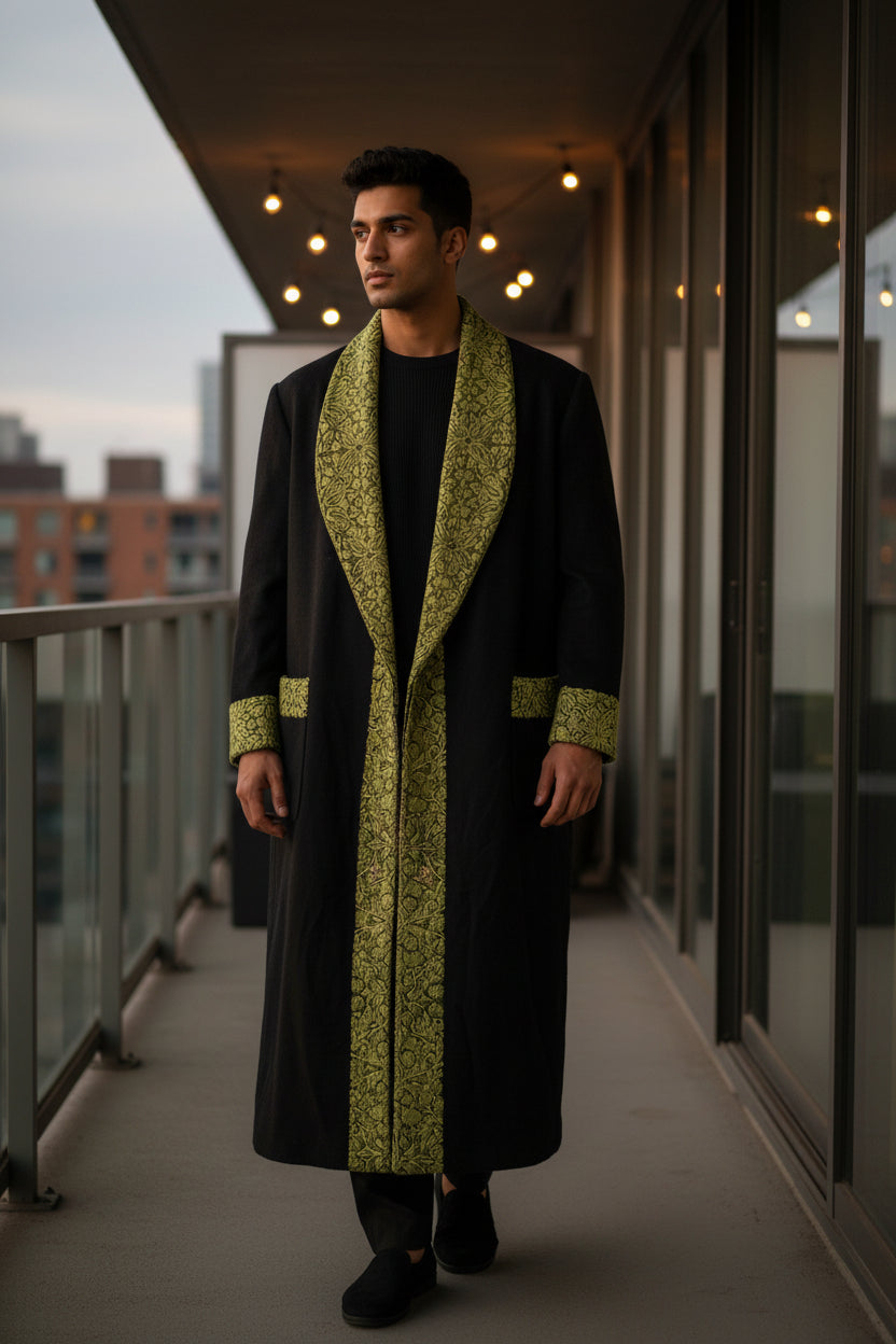 Men Woolen Nightgown Dressing Gown Sleep And Lounge Wear With Kashmiri Embroidery Free Size -Black-11