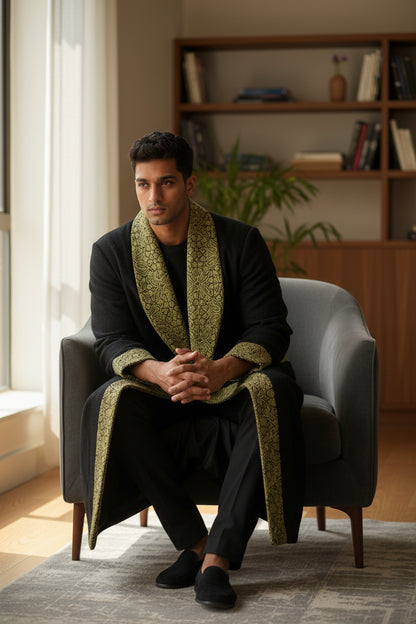 Men Woolen Nightgown Dressing Gown Sleep And Lounge Wear With Kashmiri Embroidery Free Size -Black-11