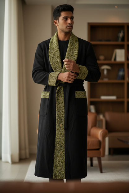 Men Woolen Nightgown Dressing Gown Sleep And Lounge Wear With Kashmiri Embroidery Free Size -Black-11
