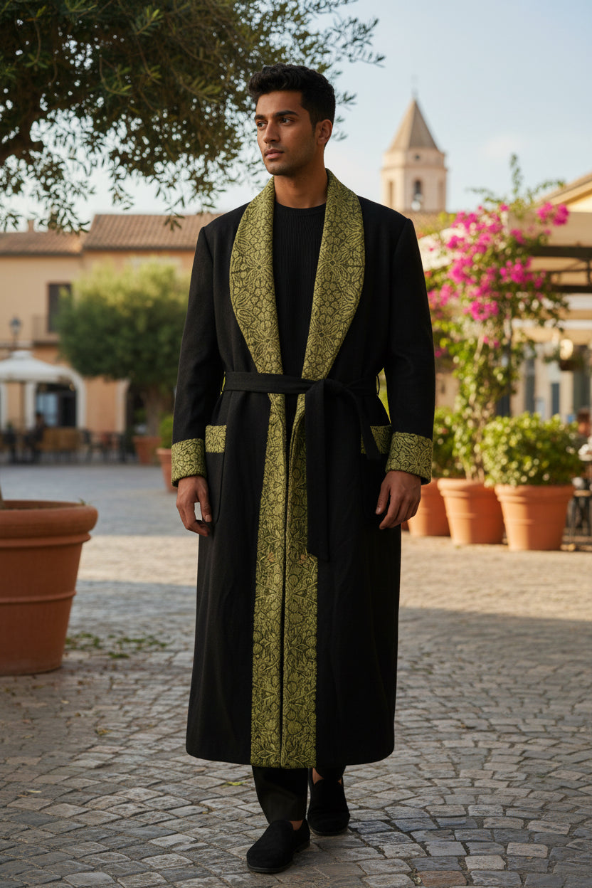 Men Woolen Nightgown Dressing Gown Sleep And Lounge Wear With Kashmiri Embroidery Free Size -Black-11
