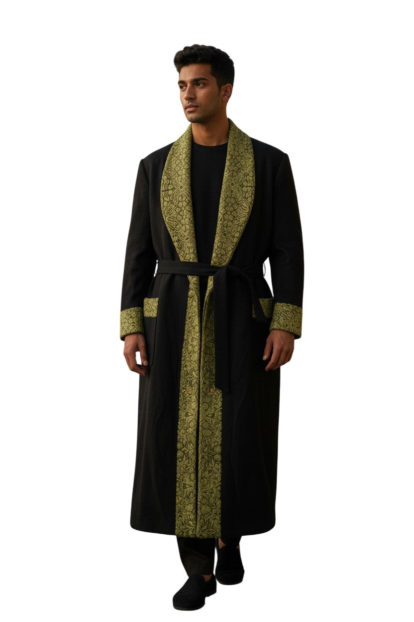 Men Woolen Nightgown Dressing Gown Sleep And Lounge Wear With Kashmiri Embroidery Free Size -Black-11