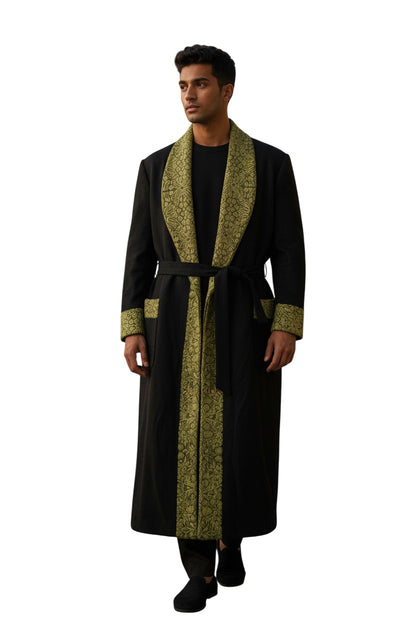 Men Woolen Nightgown Dressing Gown Sleep And Lounge Wear With Kashmiri Embroidery Free Size -Black-11