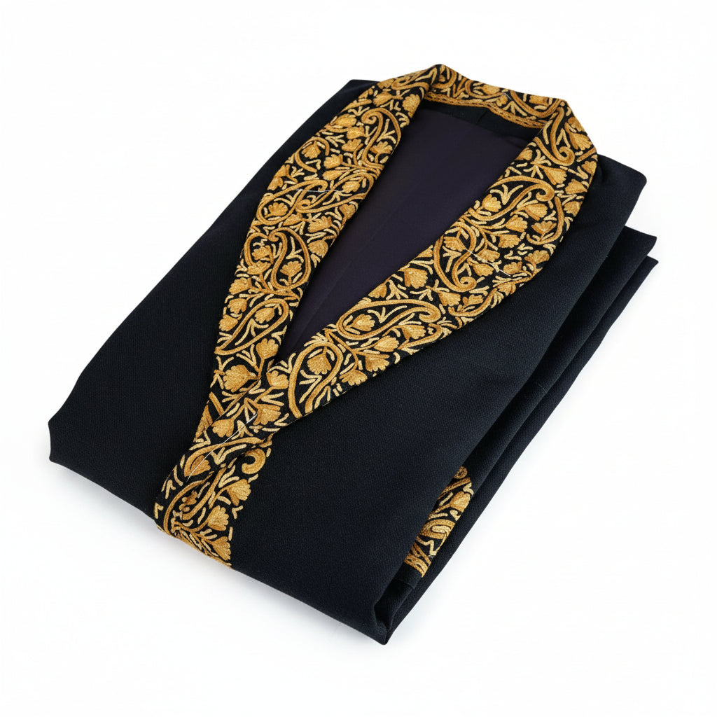 Men Woolen Nightgown Dressing Gown Sleep And Lounge Wear With Kashmiri Embroidery Free Size -Black-12