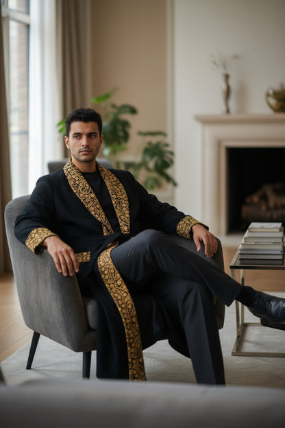 Men Woolen Nightgown Dressing Gown Sleep And Lounge Wear With Kashmiri Embroidery Free Size -Black-12