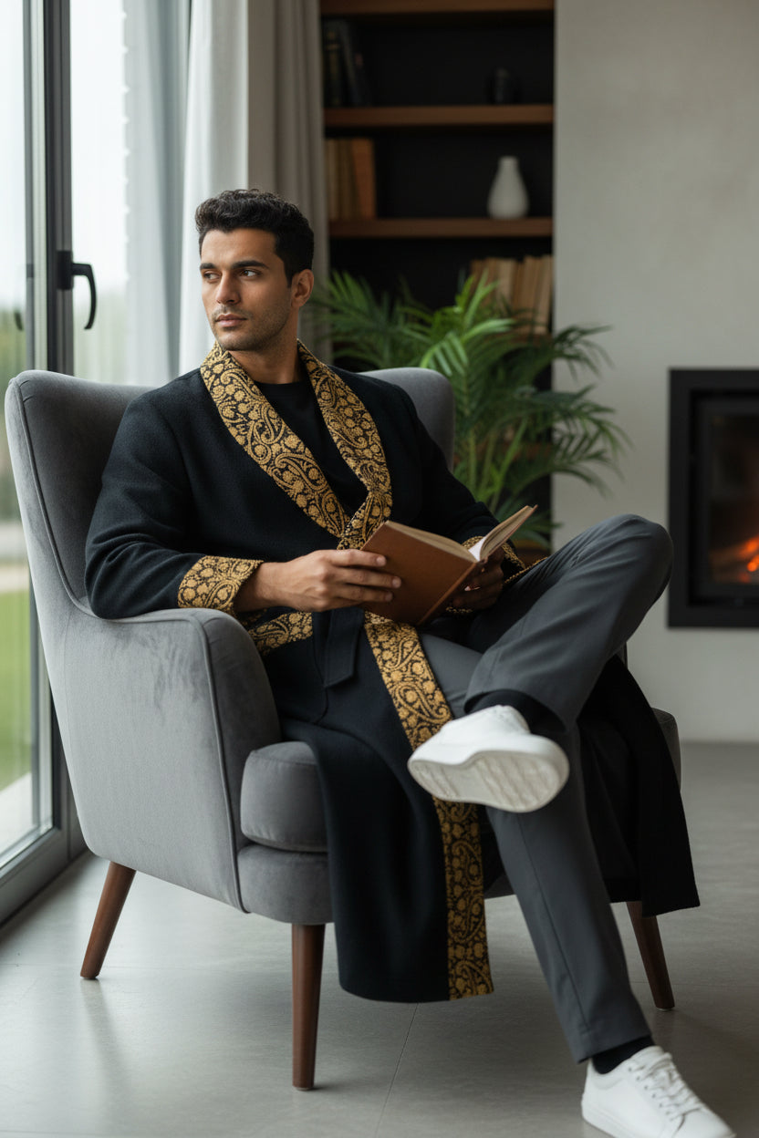 Men Woolen Nightgown Dressing Gown Sleep And Lounge Wear With Kashmiri Embroidery Free Size -Black-12