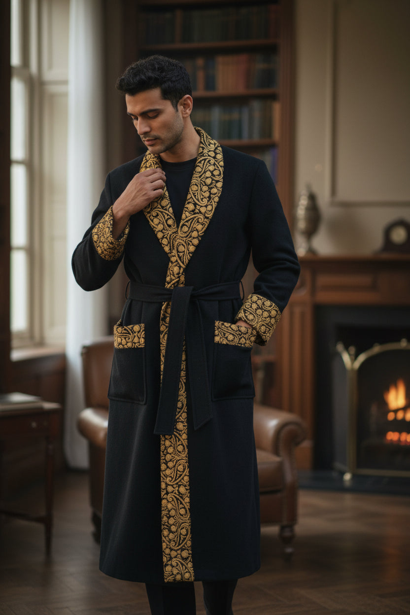 Men Woolen Nightgown Dressing Gown Sleep And Lounge Wear With Kashmiri Embroidery Free Size -Black-12