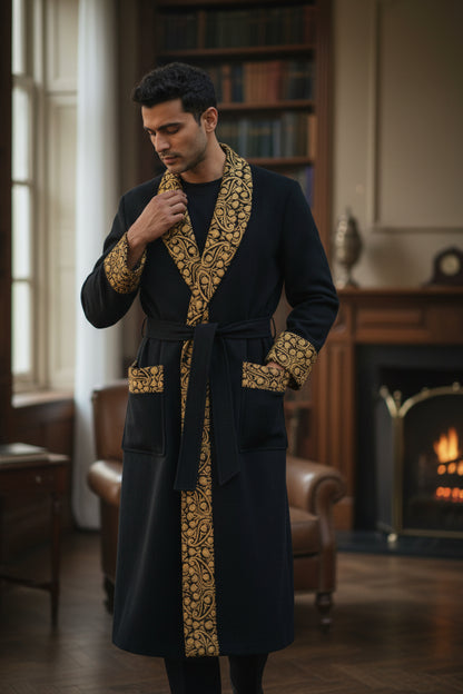 Men Woolen Nightgown Dressing Gown Sleep And Lounge Wear With Kashmiri Embroidery Free Size -Black-12