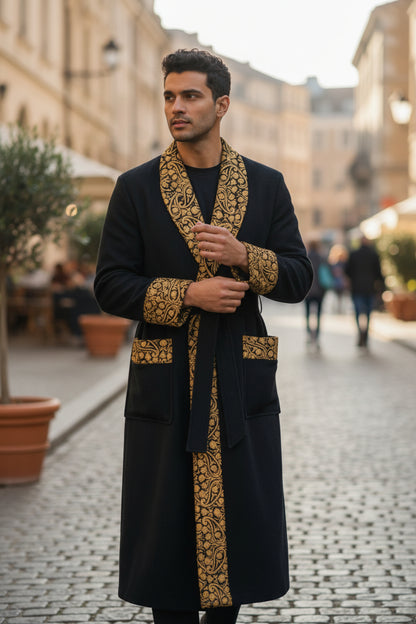 Men Woolen Nightgown Dressing Gown Sleep And Lounge Wear With Kashmiri Embroidery Free Size -Black-12