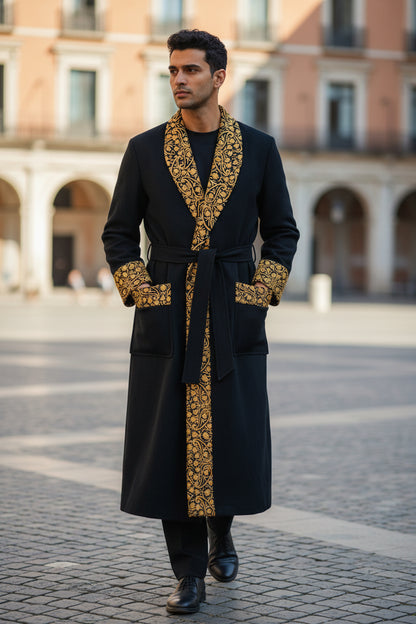 Men Woolen Nightgown Dressing Gown Sleep And Lounge Wear With Kashmiri Embroidery Free Size -Black-12