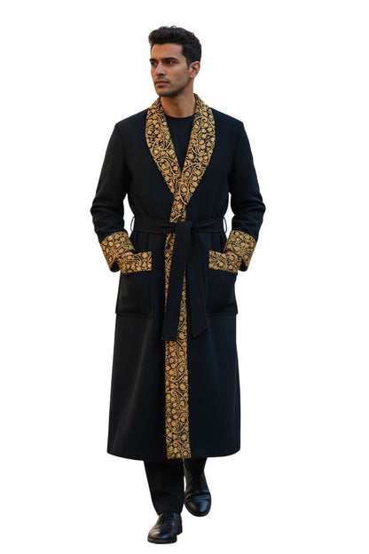Men Woolen Nightgown Dressing Gown Sleep And Lounge Wear With Kashmiri Embroidery Free Size -Black-12